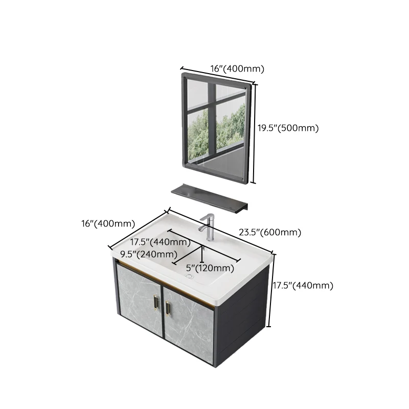 Tocador de lavabo individual, tocador de baño con espejo de montaje en pared moderno rectangular con 2 puertas Clearhalo