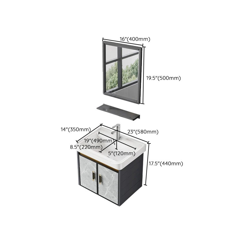 Tocador de lavabo individual, tocador de baño con espejo de montaje en pared moderno rectangular con 2 puertas Clearhalo