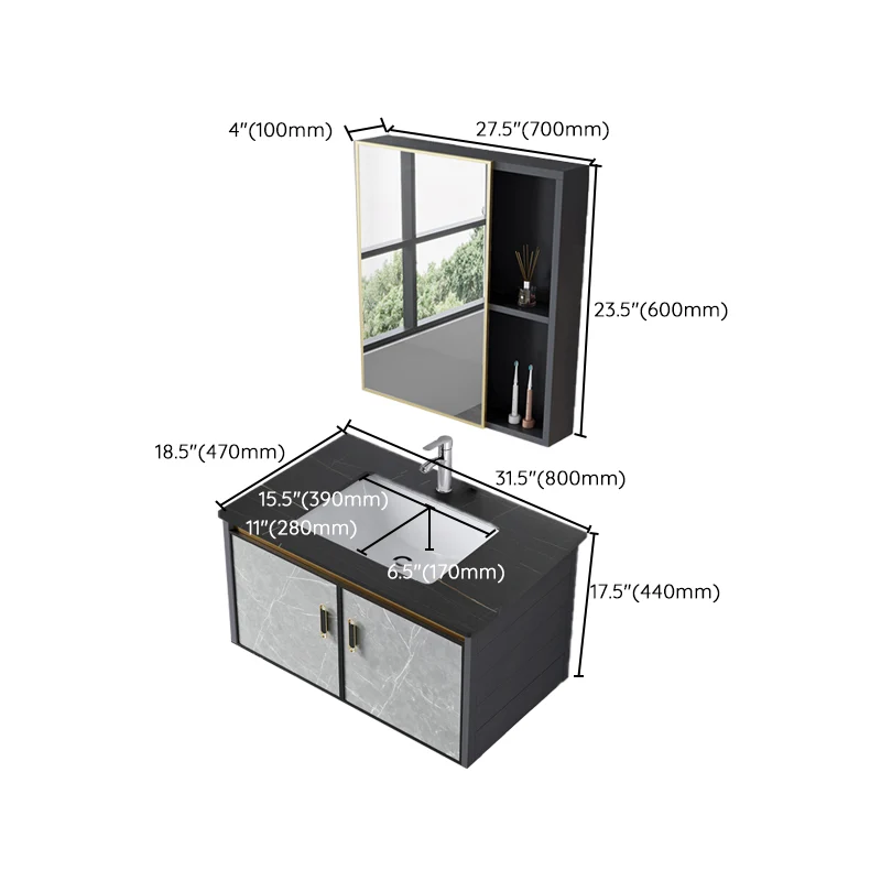 Tocador de lavabo individual, tocador de baño con espejo de montaje en pared moderno rectangular con 2 puertas Clearhalo