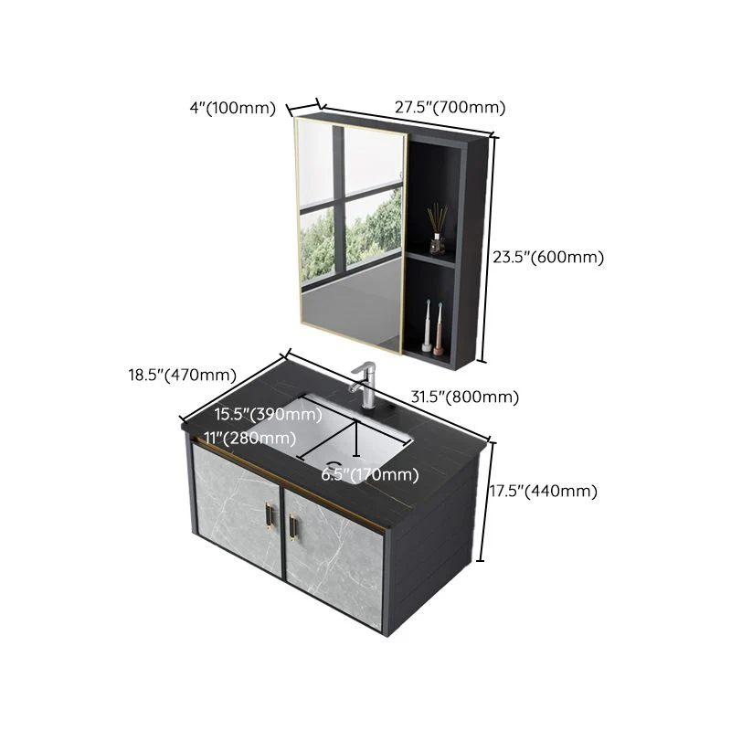 Tocador de lavabo individual, tocador de baño con espejo de montaje en pared moderno rectangular con 2 puertas Clearhalo