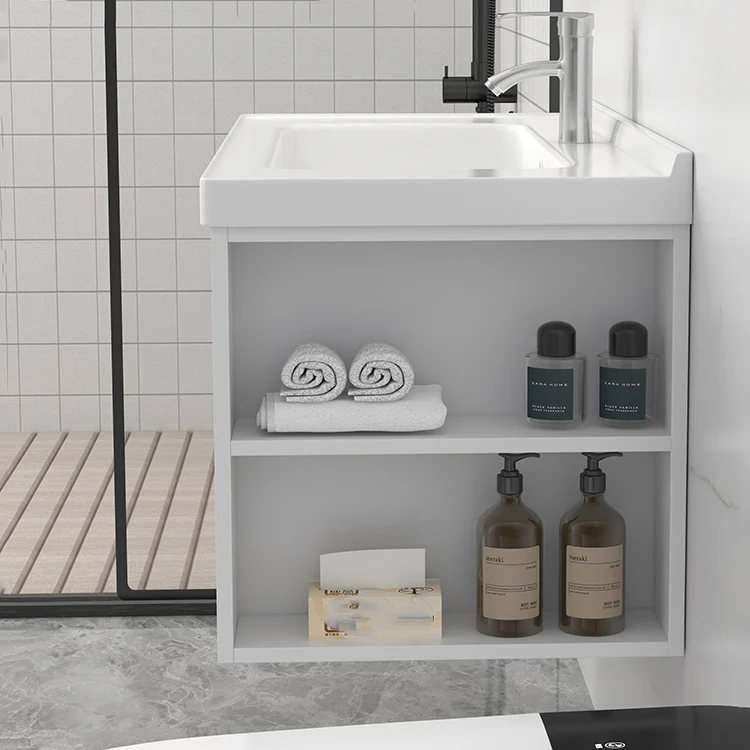 Tocador de lavabo de madera moderno, grifo de montaje en pared de madera, tocador de baño incluido Clearhalo