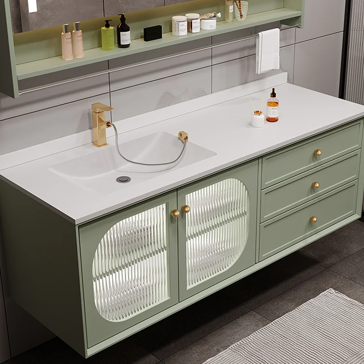 Tocador de lavabo moderno, estantes de almacenamiento de color sólido, juego de tocador de baño de montaje en pared Caqui...