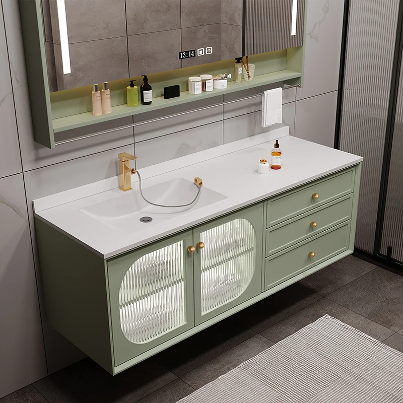 Tocador de lavabo moderno, estantes de almacenamiento de color sólido, juego de tocador de baño de montaje en pared Caqui...