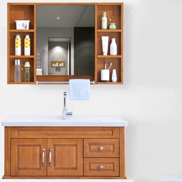 Tocador de lavabo moderno de mediados de siglo, tocador de baño de montaje en pared de madera con espejo Clearhalo