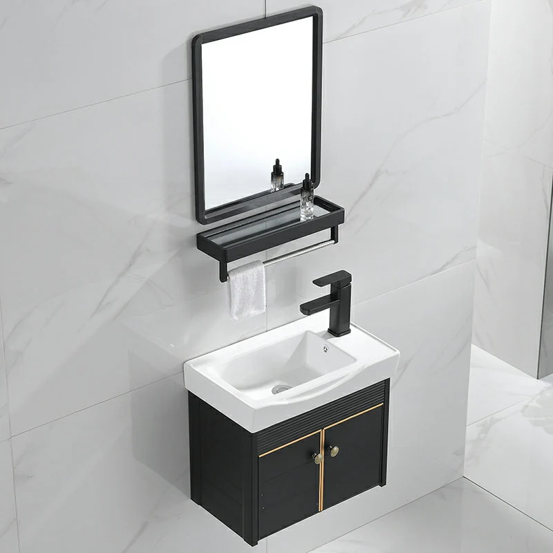 Tocador de lavabo moderno de metal para montaje en pared con lavabo para baño en negro Clearhalo