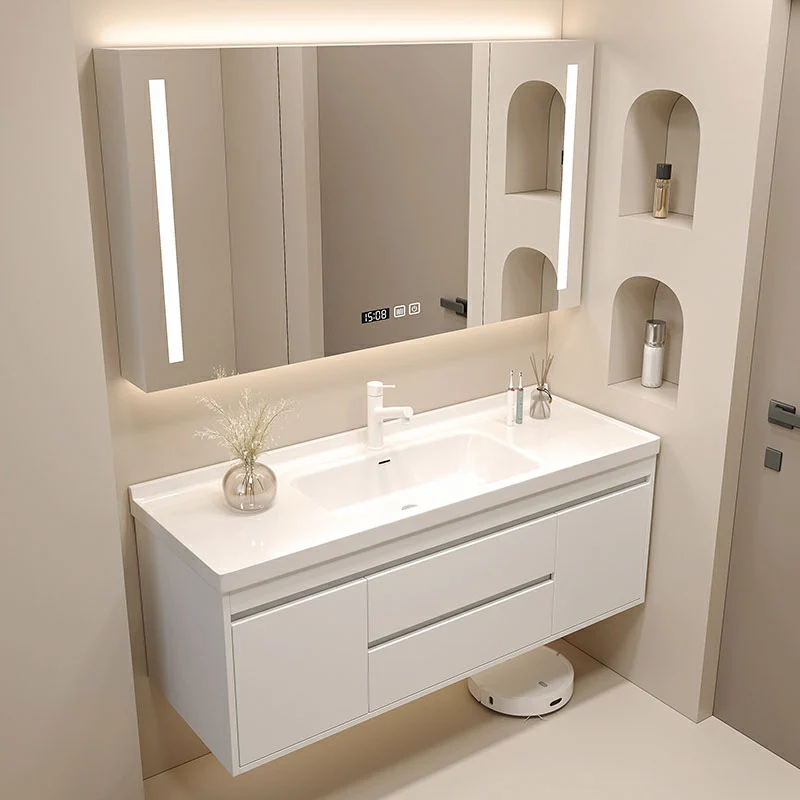 Tocador de lavabo moderno de montaje en pared con lavabo de grifo de espejo para baño Clearhalo