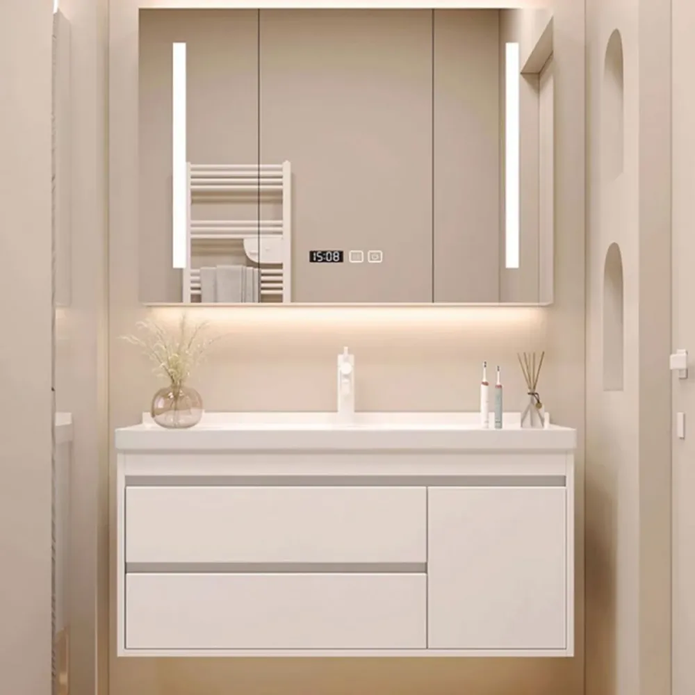Tocador de lavabo moderno de montaje en pared con lavabo de grifo de espejo para baño Clearhalo