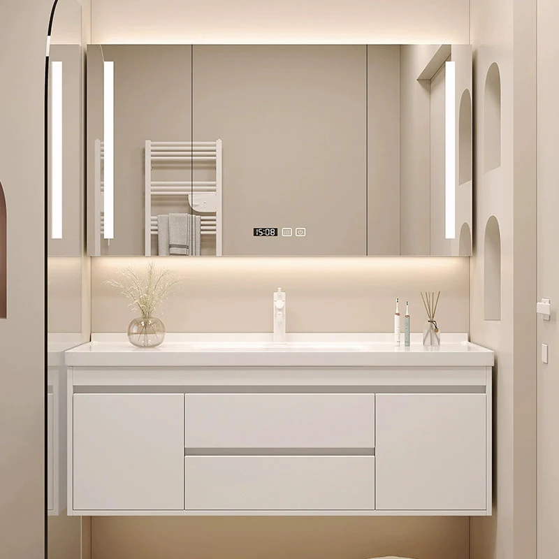 Tocador de lavabo moderno de montaje en pared con lavabo de grifo de espejo para baño Clearhalo