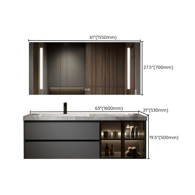 Tocador de lavabo de montaje en pared moderno gris metálico con espejo para baño Clearhalo