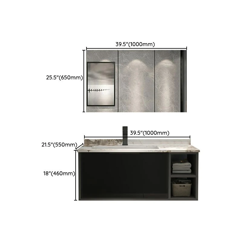 Tocador de lavabo rectangular de un solo lavabo con montaje en pared de madera negra Clearhalo