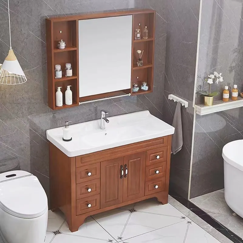 Tocador de lavabo tradicional de madera, tocador de baño independiente con espejo Clearhalo