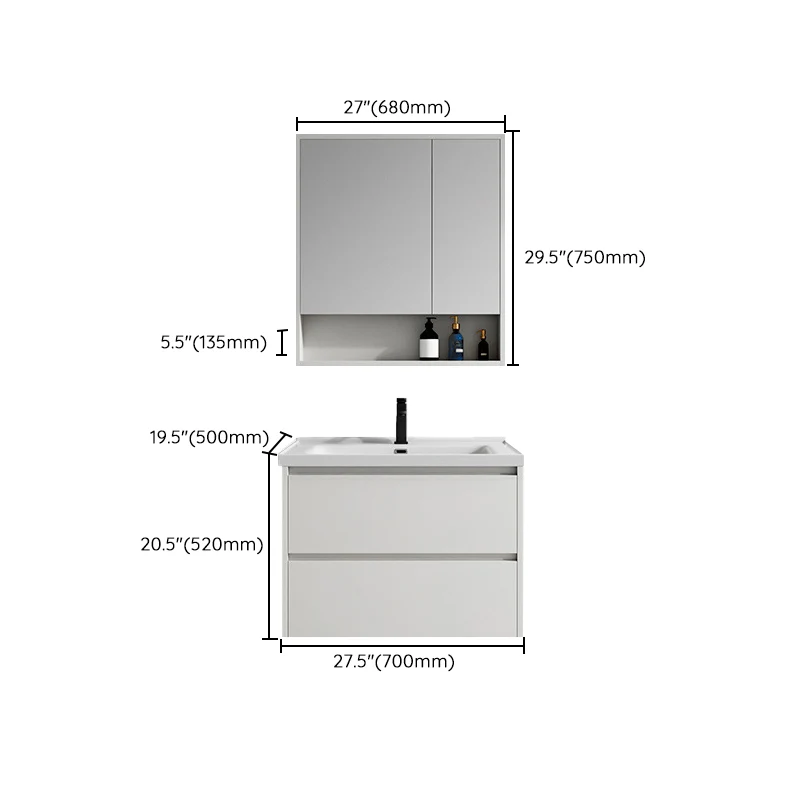 Tocador de madera blanca para montaje en pared Glam, espejo para lavabo individual, tocador de baño con cajones Clearhalo