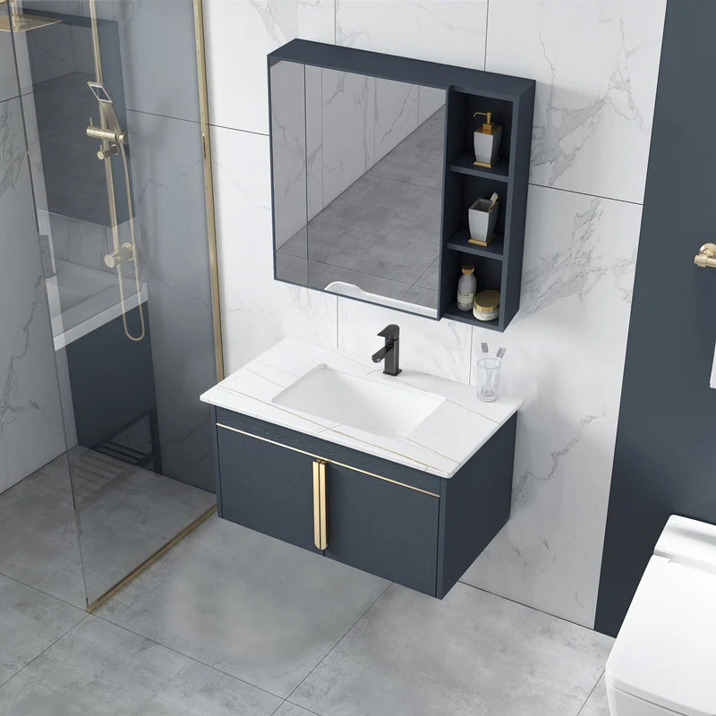 Tocador moderno de acero inoxidable con lavabo de pared para baño con puerta de cierre suave Clearhalo