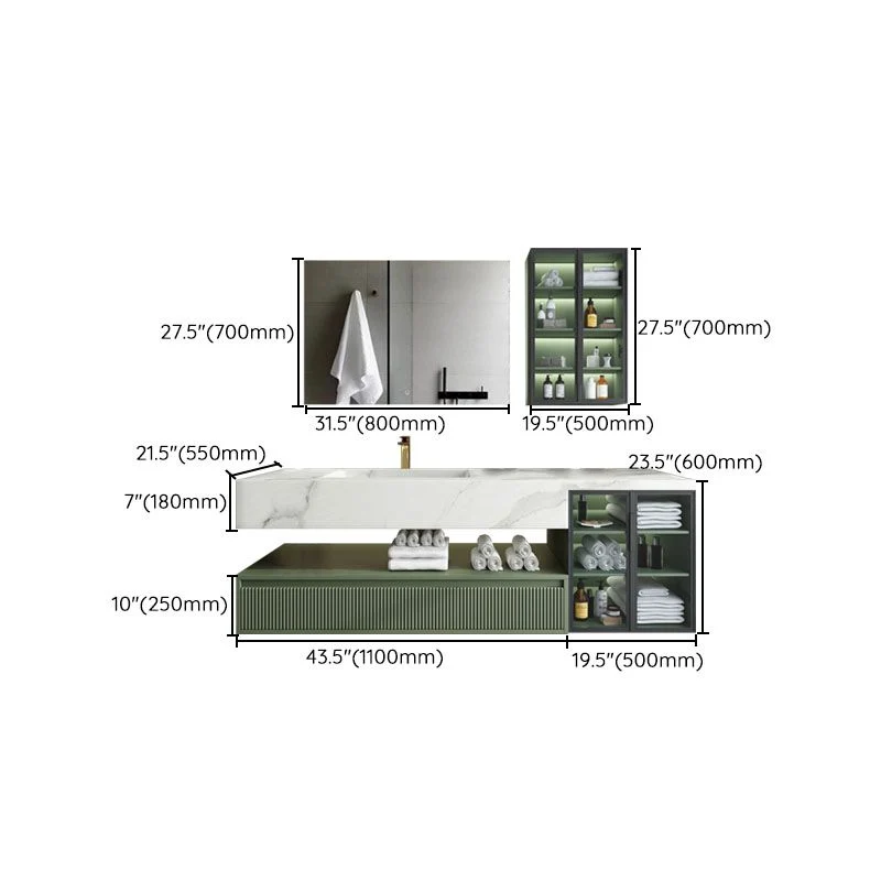 Tocador moderno con lavabo de pared en verde con cajones con espejo para baño Clearhalo