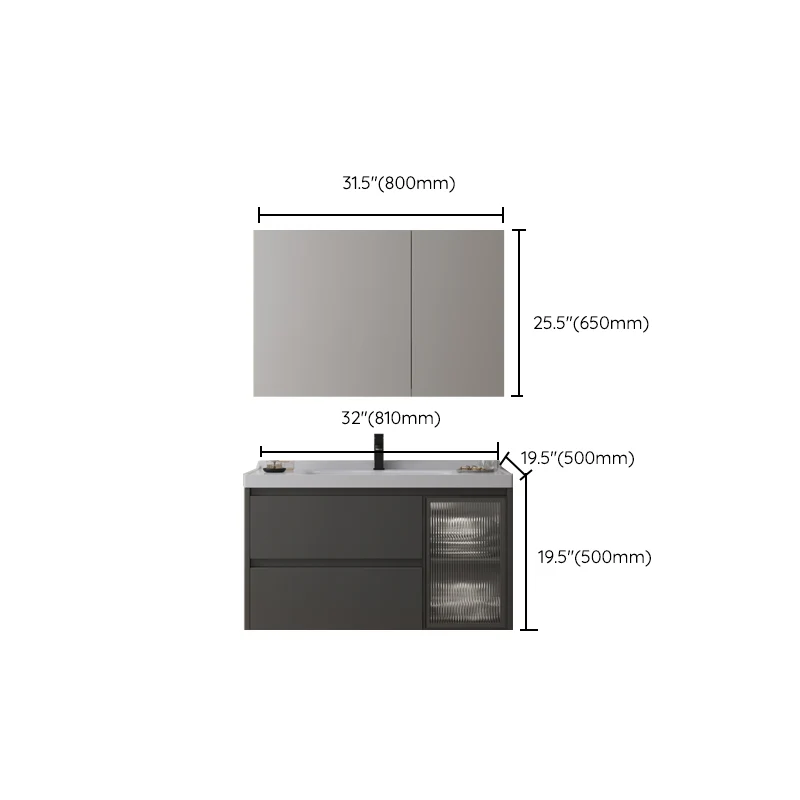 Tocador moderno rectangular gris oscuro con lavabo individual para montaje en pared Clearhalo