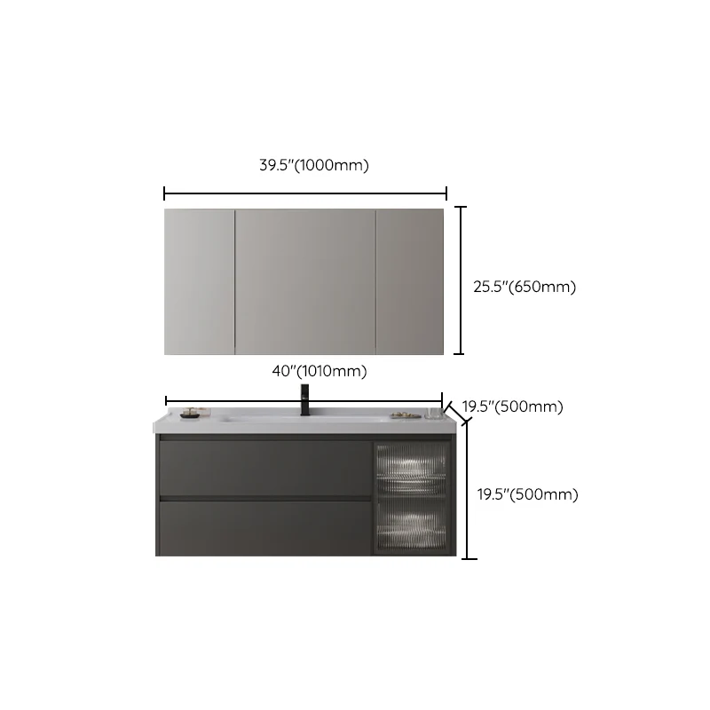 Tocador moderno rectangular gris oscuro con lavabo individual para montaje en pared Clearhalo