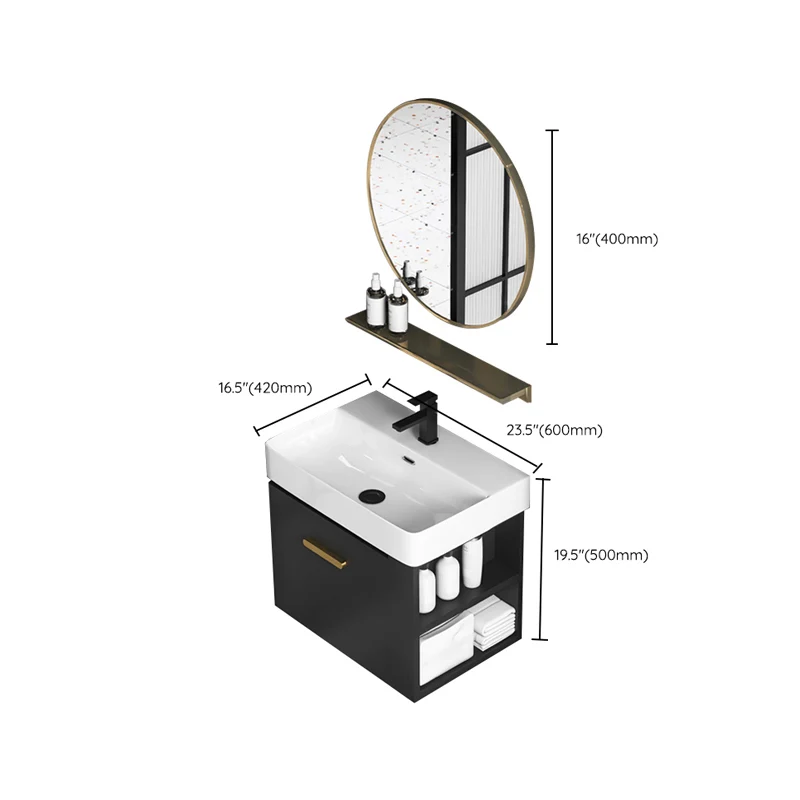 Tocador negro con lavabo individual, tocador moderno con lavabo de cerámica para montaje en pared Clearhalo