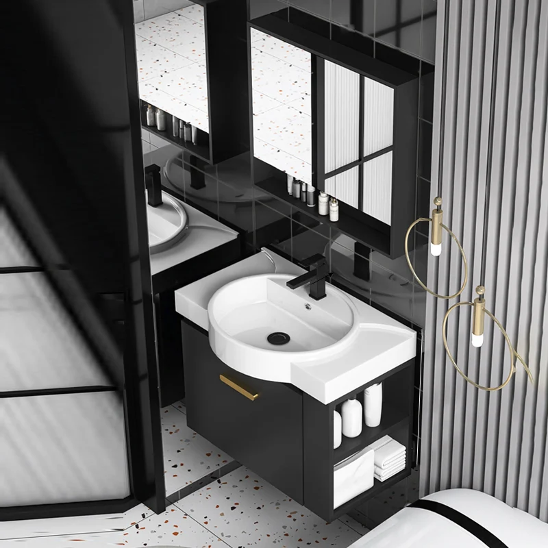 Tocador negro con lavabo individual, tocador moderno con lavabo de cerámica para montaje en pared Clearhalo