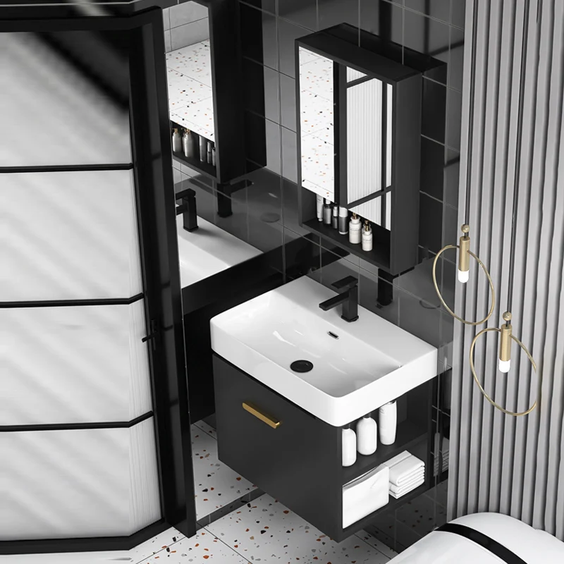 Tocador negro con lavabo individual, tocador moderno con lavabo de cerámica para montaje en pared Clearhalo