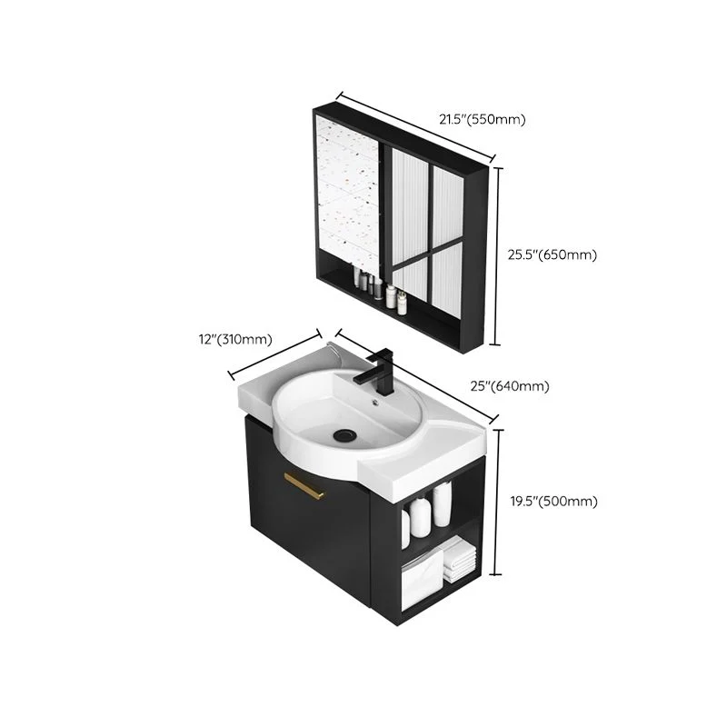 Tocador negro con lavabo individual, tocador moderno con lavabo de cerámica para montaje en pared Clearhalo