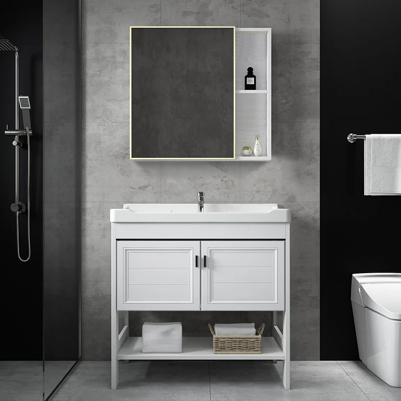 Tocador para lavabo de baño, cajones, puertas, estante con espejo, tocador de almacenamiento con grifo Clearhalo