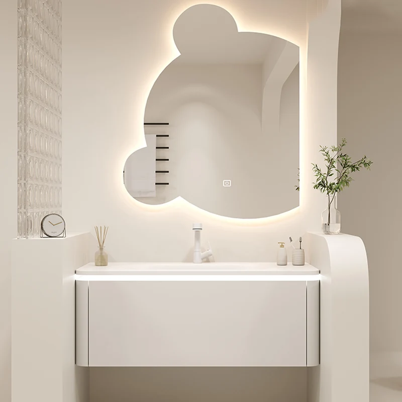 Tocador para lavabo de baño con espejo moderno de piedra en color blanco con puertas y cajones Clearhalo
