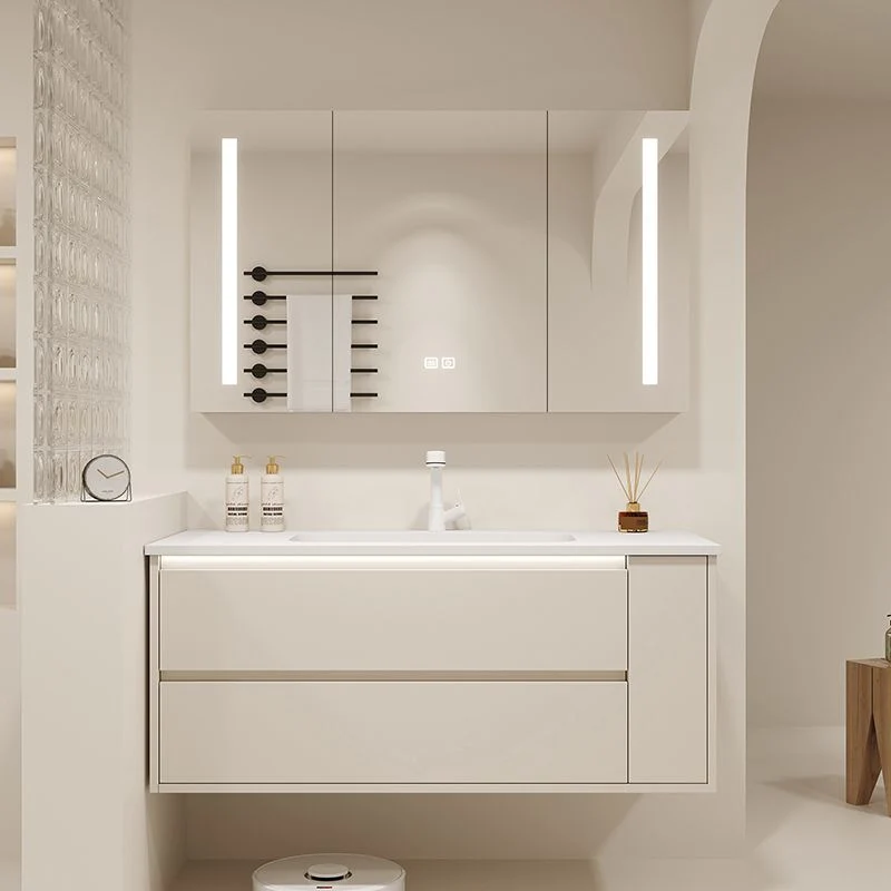 Tocador para lavabo de baño con montaje en pared, espejo incluido, color blanco, con puertas y cajones Clearhalo