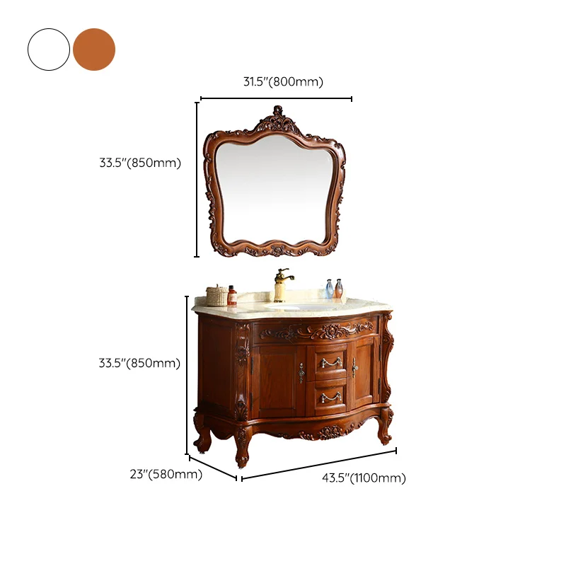 Tocador para lavabo de baño tradicional, mueble de madera y 2 cajones, espejo incluido, juego de tocador Marron Clearhalo