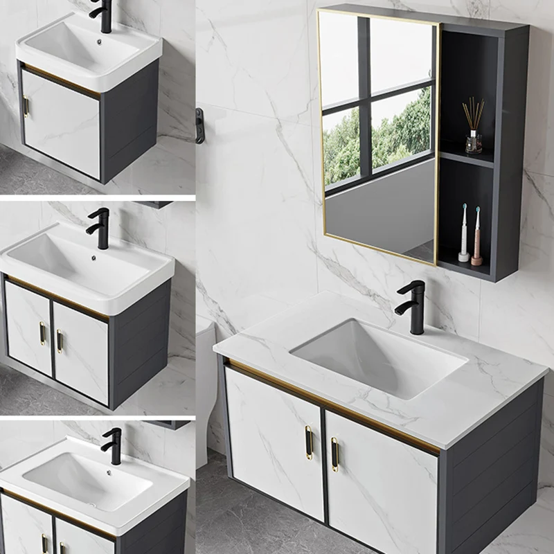 Tocador para lavabo, cajones con espejo montados en la pared, tocador de baño de cerámica con grifo Clearhalo