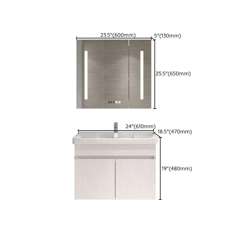 Tocador de pared con marco de madera blanca, rectangular, 2 puertas, lavabo individual con espejo Clearhalo