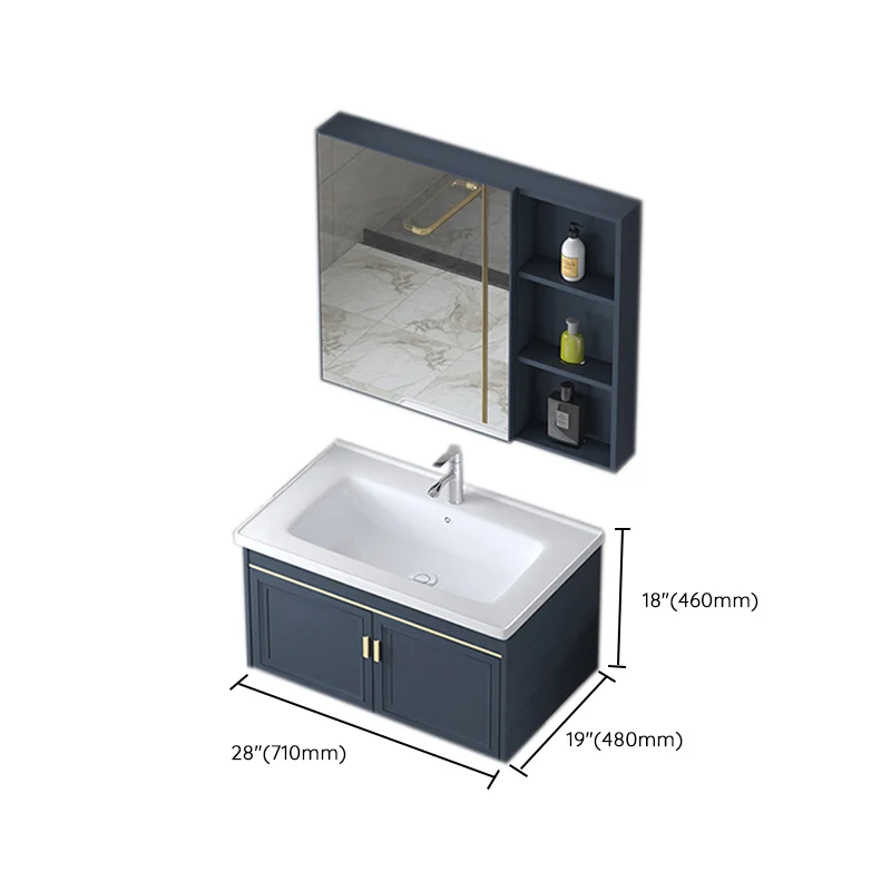 Tocador de pared moderno con lavabo, mueble de tocador de montaje en pared azul Clearhalo
