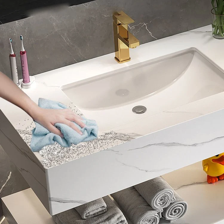 Tocador de piedra blanco para montaje en pared, lavabo doble, tocador de baño impermeable con espejo Clearhalo