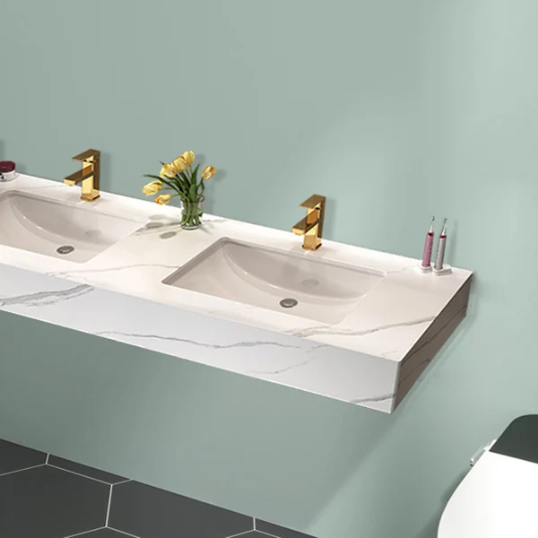 Tocador de piedra blanco para montaje en pared, lavabo doble, tocador de baño impermeable con espejo Clearhalo