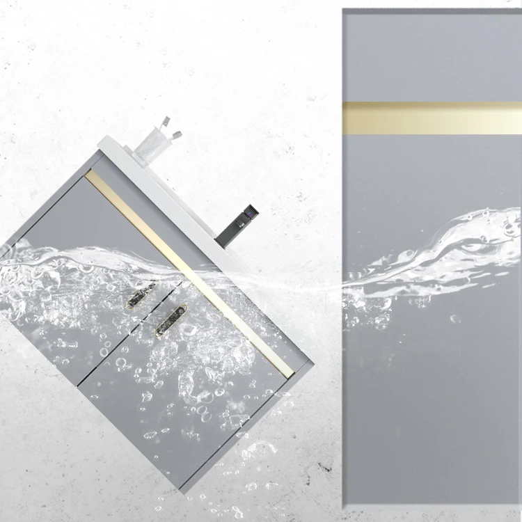 Tocador de 2 puertas con espejo gris, marco de metal montado en la pared, tocador Glam rectangular con grifo Clearhalo