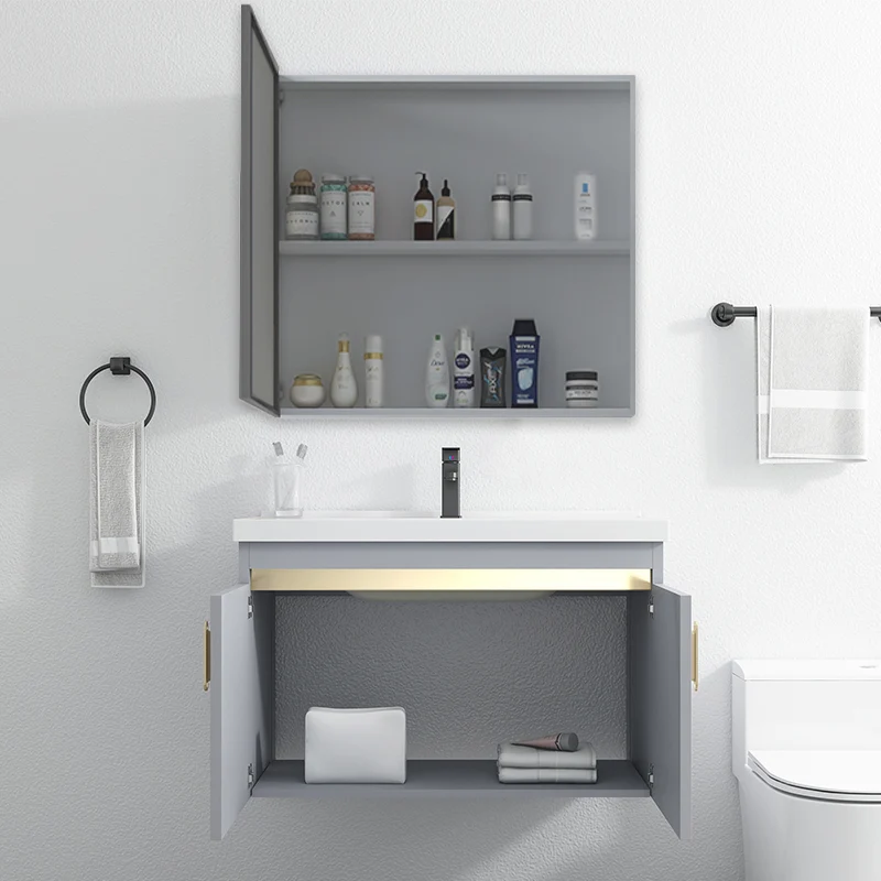Tocador de 2 puertas con espejo gris, marco de metal montado en la pared, tocador Glam rectangular con grifo Clearhalo