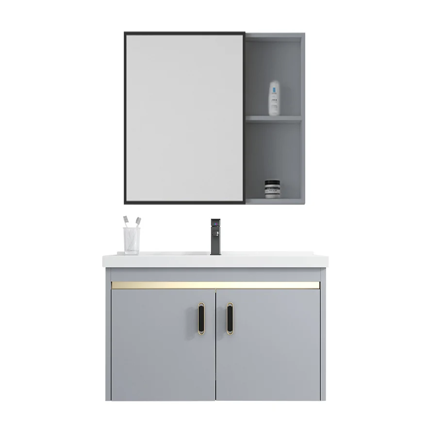 Tocador de 2 puertas con espejo gris, marco de metal montado en la pared, tocador Glam rectangular con grifo Clearhalo