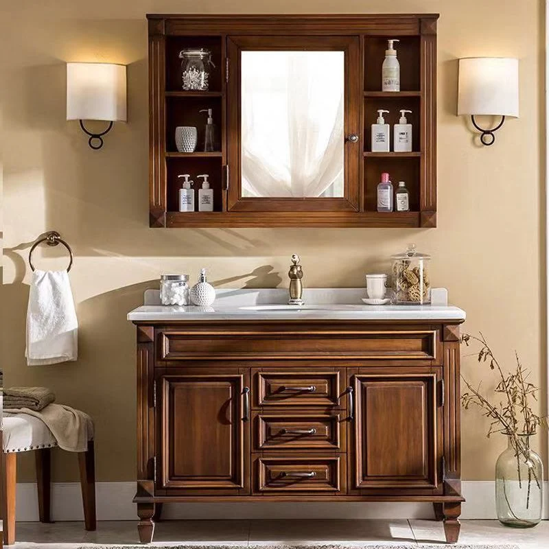 Tocador de 2 puertas con marco de madera, espejo, lavabo individual ovalado independiente, cajones, tocador de baño Clearhalo