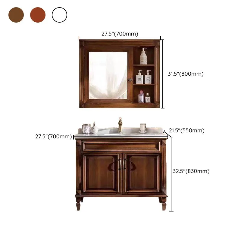 Tocador de 2 puertas con marco de madera, espejo, lavabo individual ovalado independiente, cajones, tocador de baño Clearhalo