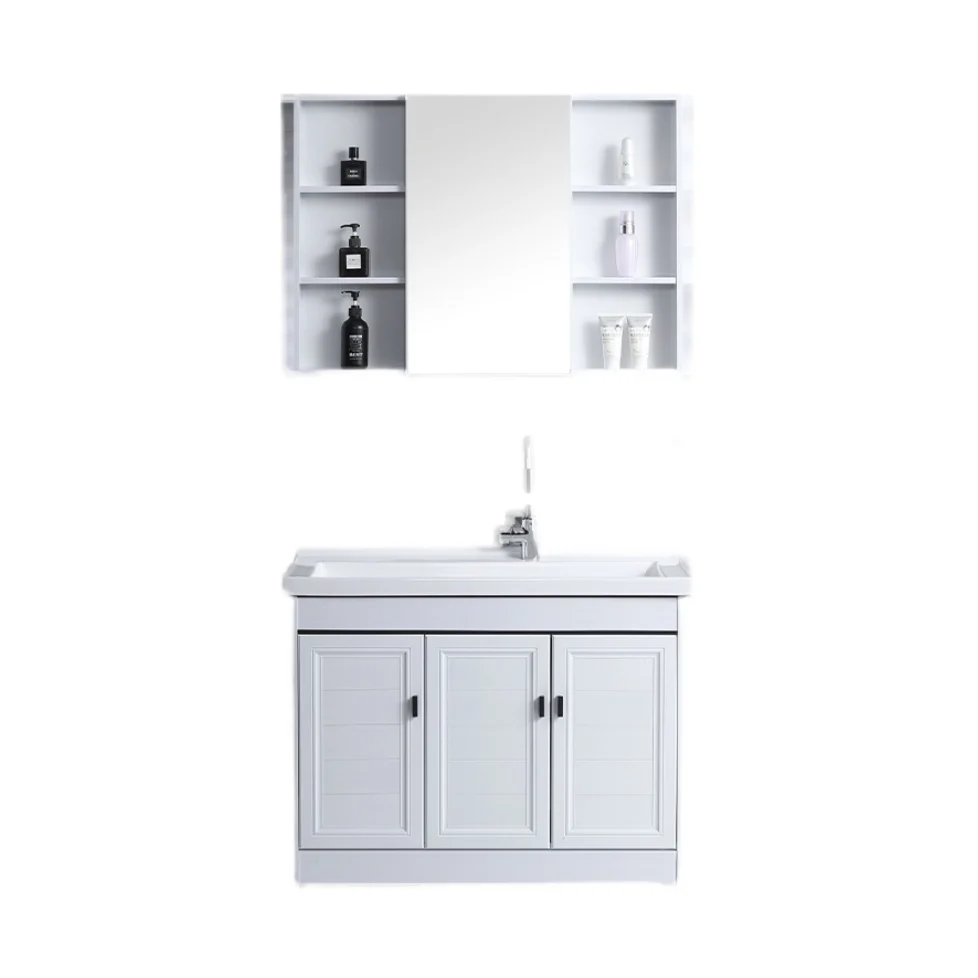 Tocador rectangular blanco con espejo independiente y marco de metal con puertas de cierre suave Clearhalo