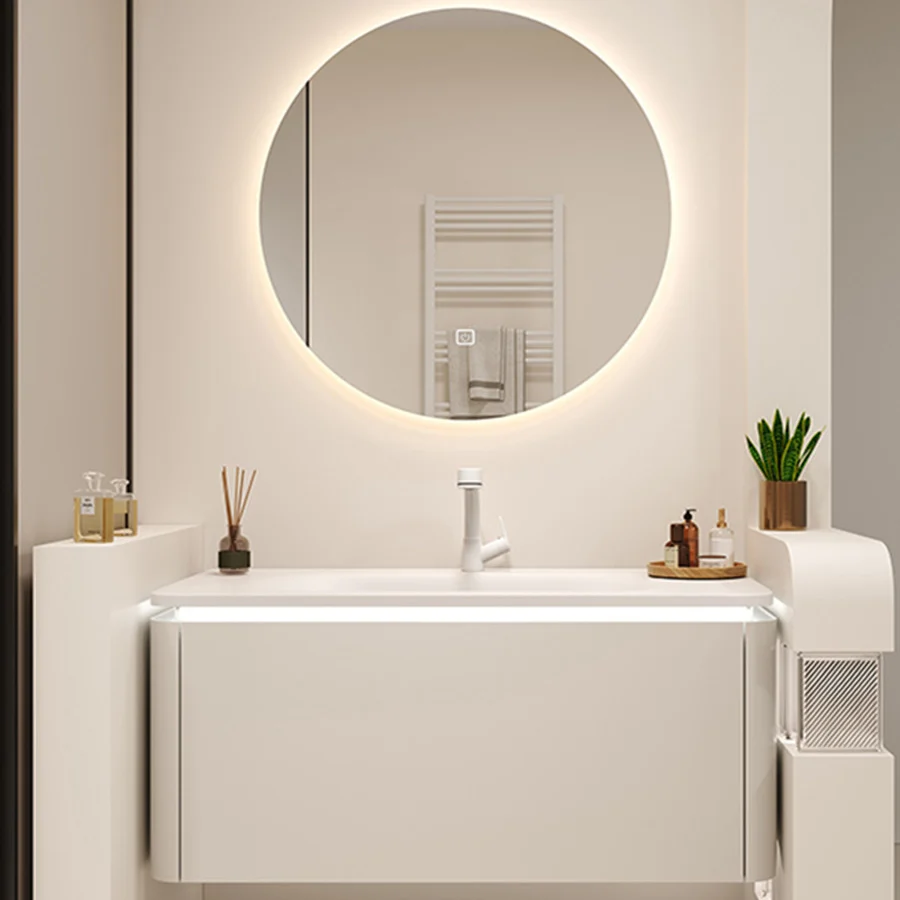 Tocador rectangular blanco con lavabo individual, marco de madera montado en la pared, tocador de baño con espejo Clearhalo