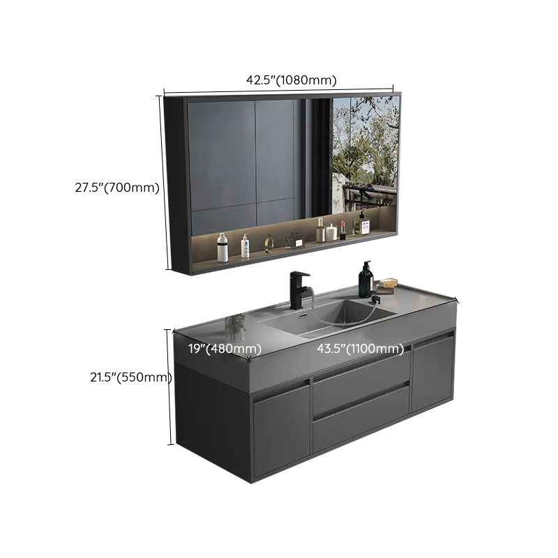Tocador rectangular con espejo y estantes, tocador individual, color gris, 2 cajones Clearhalo