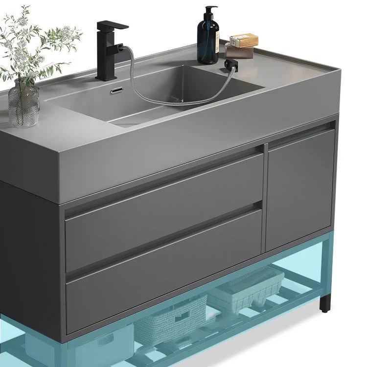 Tocador rectangular con espejo y estantes, tocador individual, color gris, 2 cajones Clearhalo
