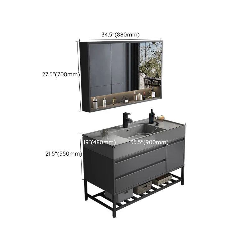 Tocador rectangular con espejo y estantes, tocador individual, color gris, 2 cajones Clearhalo