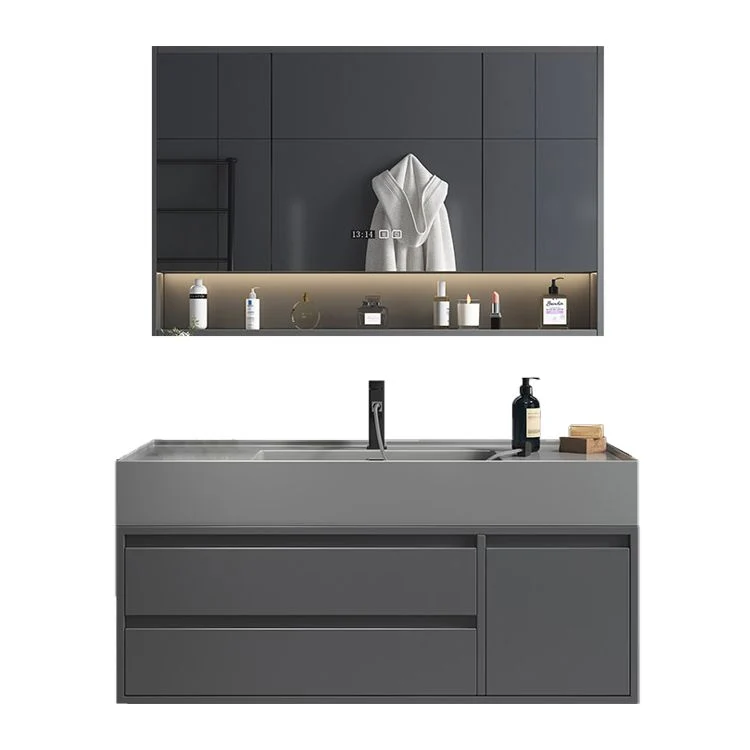 Tocador rectangular con espejo y estantes, tocador individual, color gris, 2 cajones Clearhalo