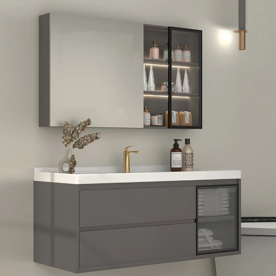Tocador rectangular individual de cerámica moderno con lavabo gris para montaje en pared Clearhalo