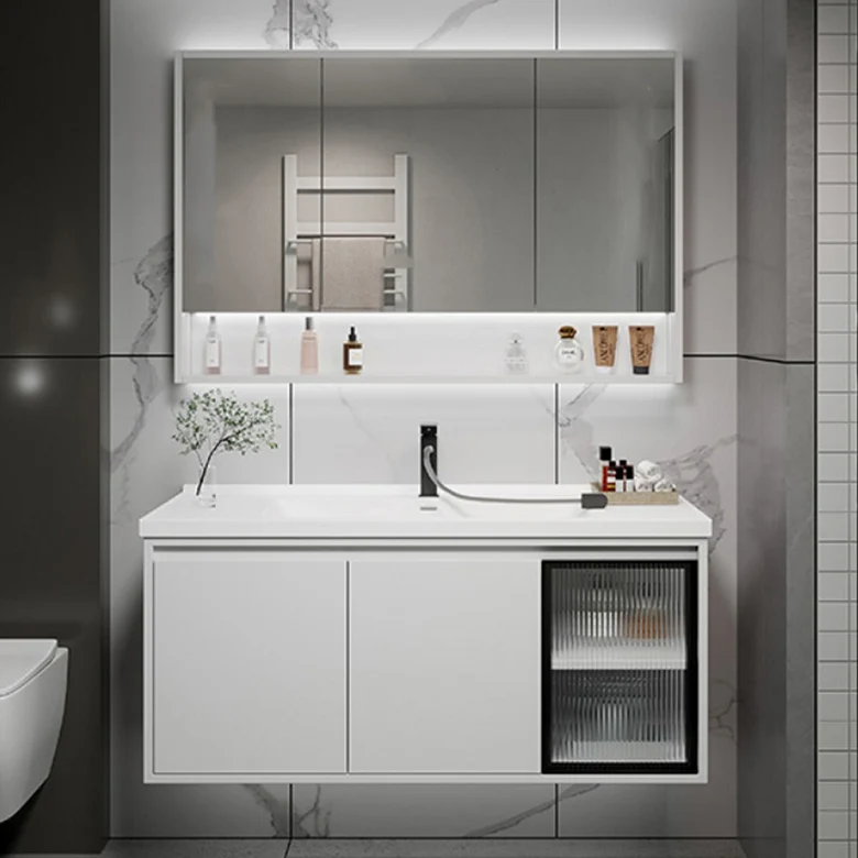 Tocador rectangular moderno con tapa de cerámica blanca, juego de tocador de montaje en pared individual Clearhalo