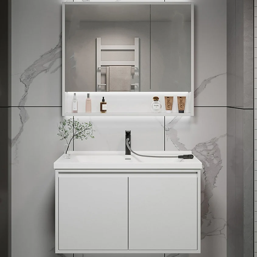 Tocador rectangular moderno con tapa de cerámica blanca, juego de tocador de montaje en pared individual Clearhalo