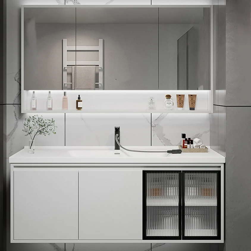 Tocador rectangular moderno con tapa de cerámica blanca, juego de tocador de montaje en pared individual Clearhalo