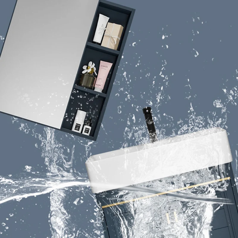 Tocador rectangular para lavabo individual, espejo azul montado en la pared, marco de metal, tocador de baño Clearhalo