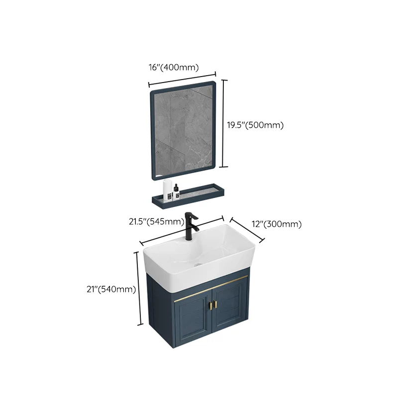 Tocador rectangular para lavabo individual, espejo azul montado en la pared, marco de metal, tocador de baño Clearhalo